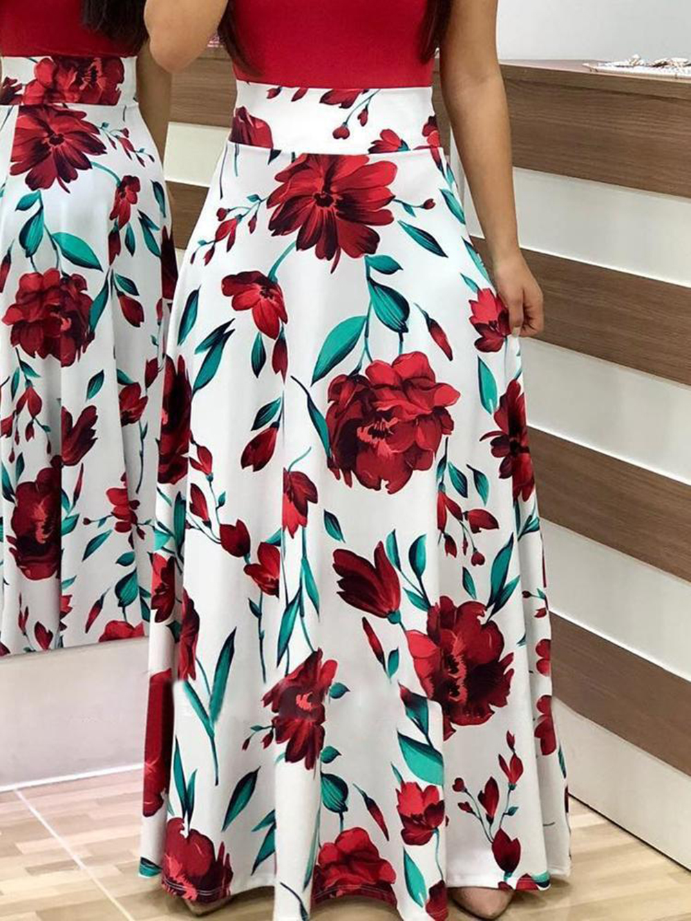 2019 Summer Fashion Temperament Flower Print Color Matching Dress Female Dress