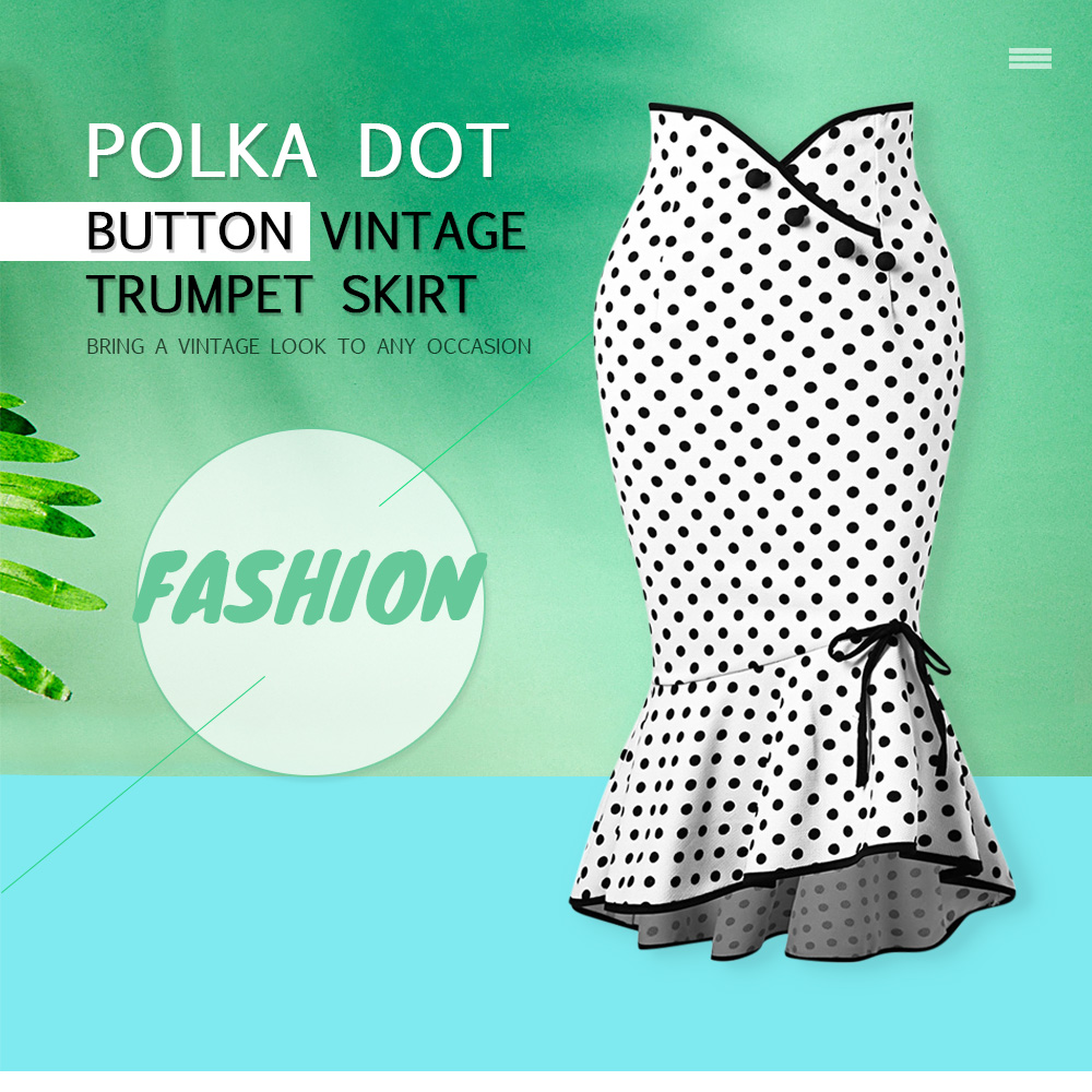 Mid Waist Polka Dot Print Flared Vintage Button Bowknot Women Trumpet Skirt