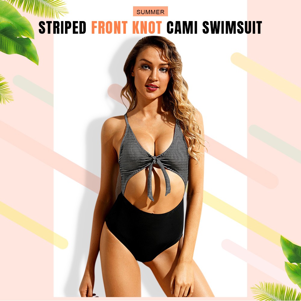 Striped Front Knot Monokini Swimsuit