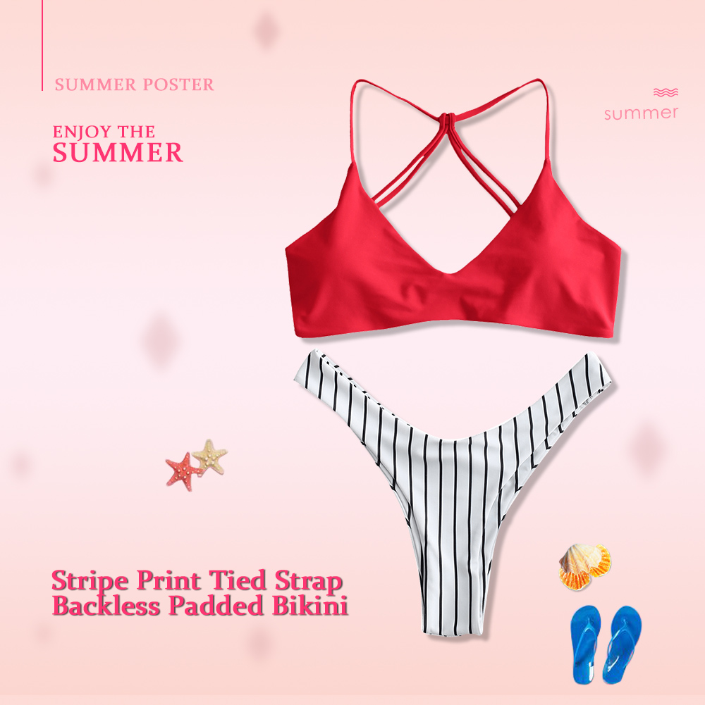 Women Striped Print Tied Strap Backless Padded Bikini