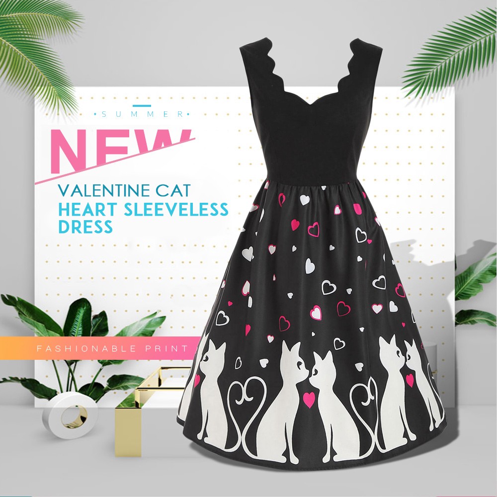 Valentine Cat Heart Sleeveless Dress