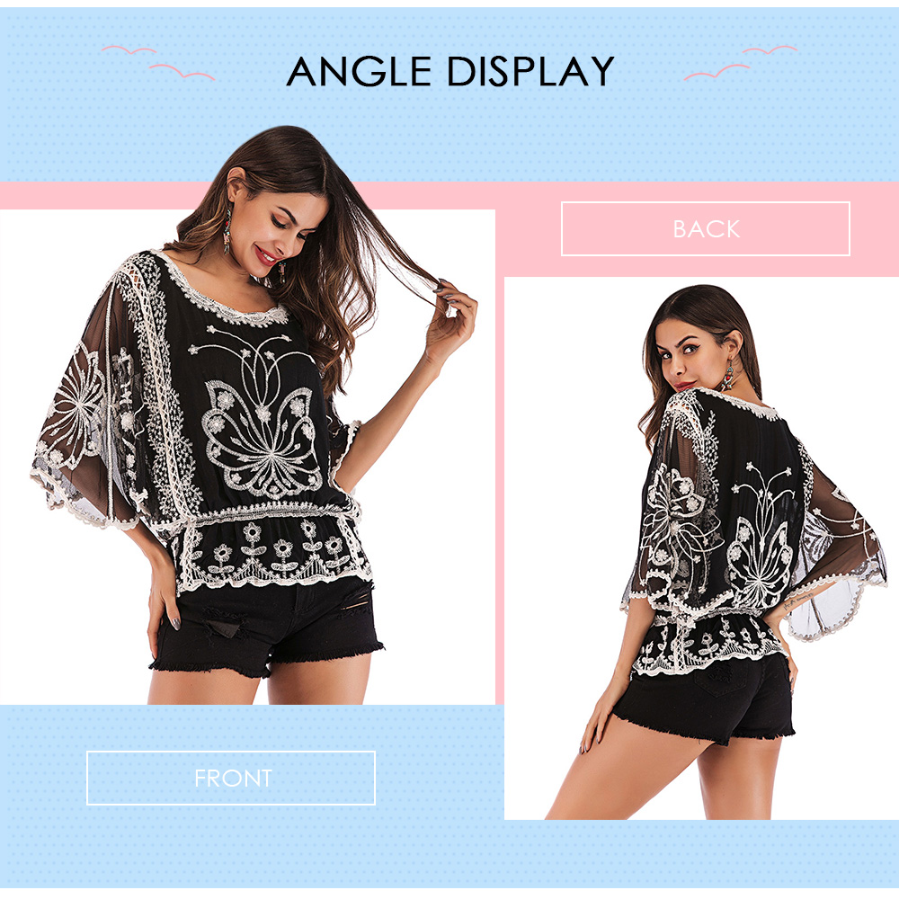 Three-quarter Sleeve Embroidery Hollowed-out Lace Round Collar Shirt Top Tee
