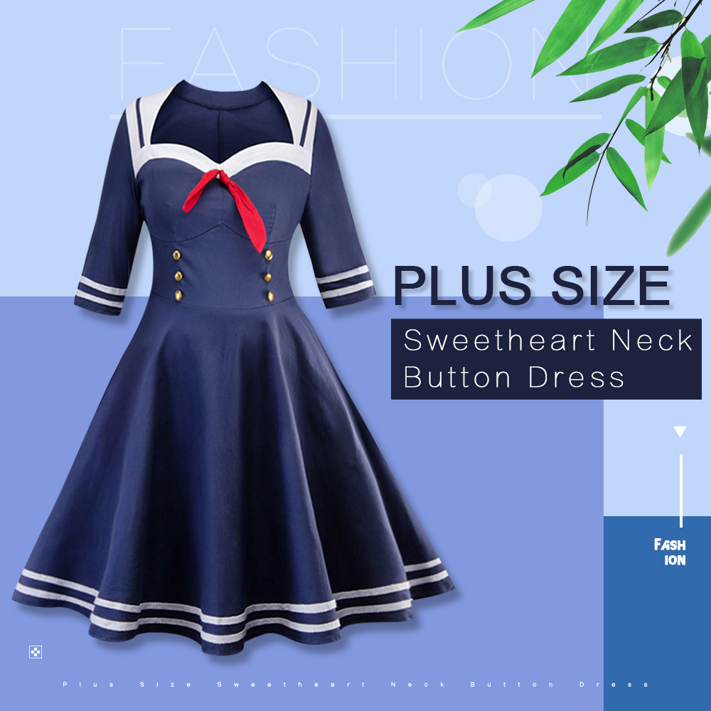 Plus Size Sweetheart Neck Button Detail Vintage Dress