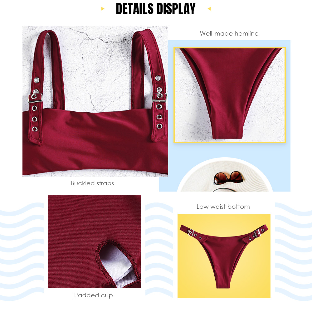 Square Neck Buckled Strap Solid Color Padded Low Waist Women Bikini Set