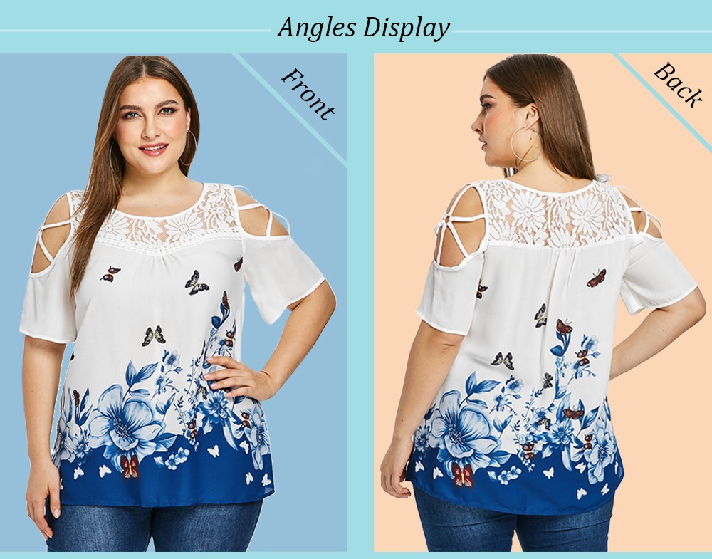 Plus Size Printed Lace Panel Blouse