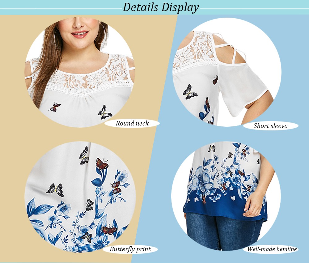 Plus Size Printed Lace Panel Blouse