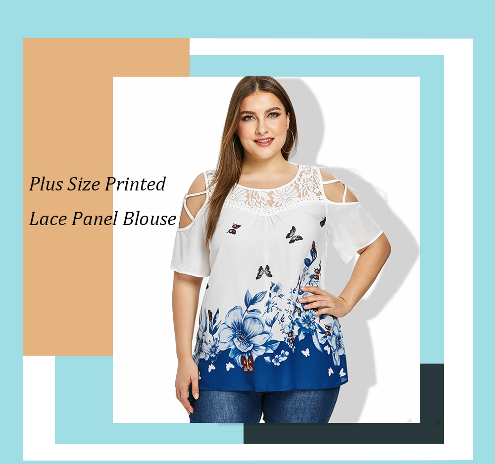 Plus Size Printed Lace Panel Blouse