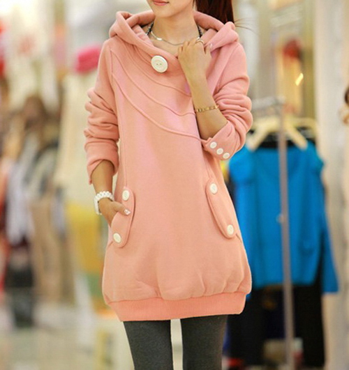 Casual Hooded Button Pocket Splicing Long Sleeves Thickened Loose-Fitting Women's Hoodie