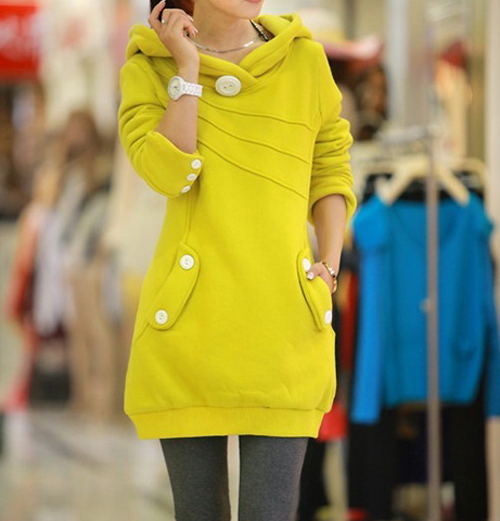 Casual Hooded Button Pocket Splicing Long Sleeves Thickened Loose-Fitting Women's Hoodie