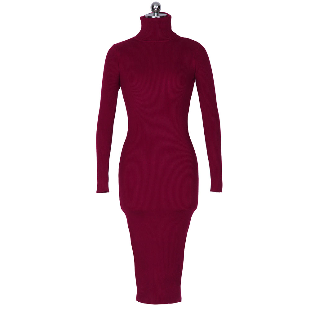 Womens Autumn Winter Sweater Dresses Slim Elastic Turtleneck polo neck Long Sleeve Sexy Bodycon Slim Robe Midi Knitted Dress