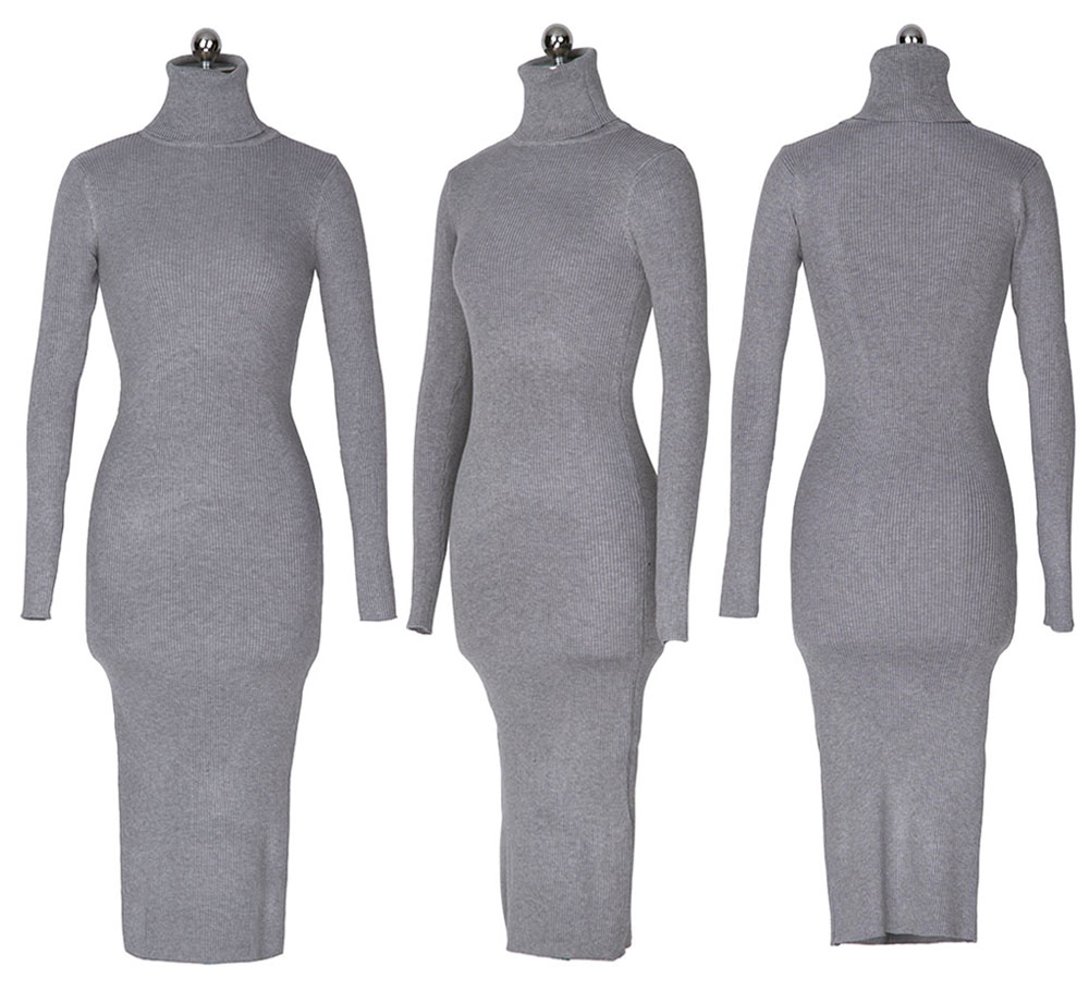 Womens Autumn Winter Sweater Dresses Slim Elastic Turtleneck polo neck Long Sleeve Sexy Bodycon Slim Robe Midi Knitted Dress