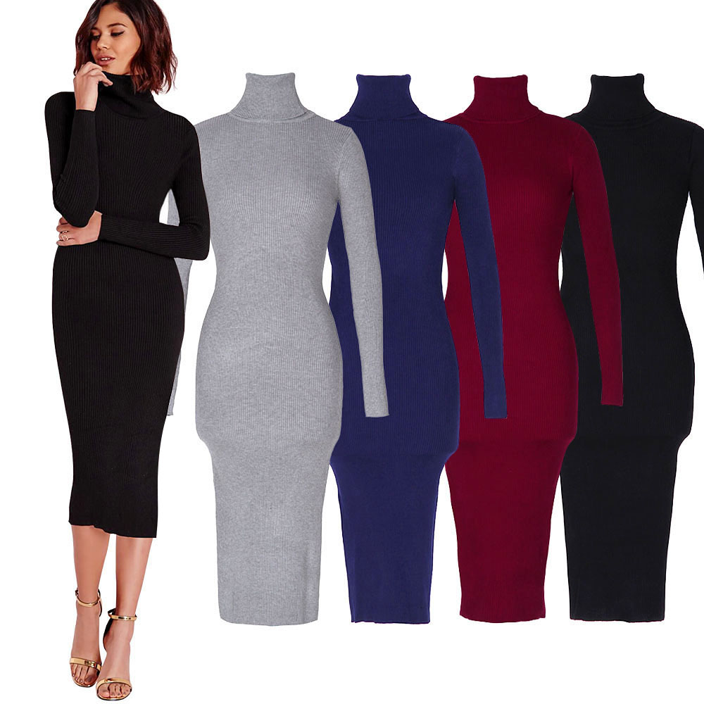 Womens Autumn Winter Sweater Dresses Slim Elastic Turtleneck polo neck Long Sleeve Sexy Bodycon Slim Robe Midi Knitted Dress