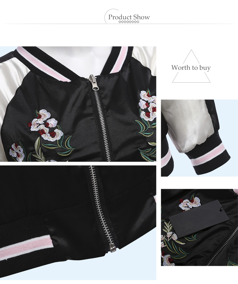 Trendy Round Collar Elastic Sleeve Hem Embroidery Zipper Type Women Baseball Coat