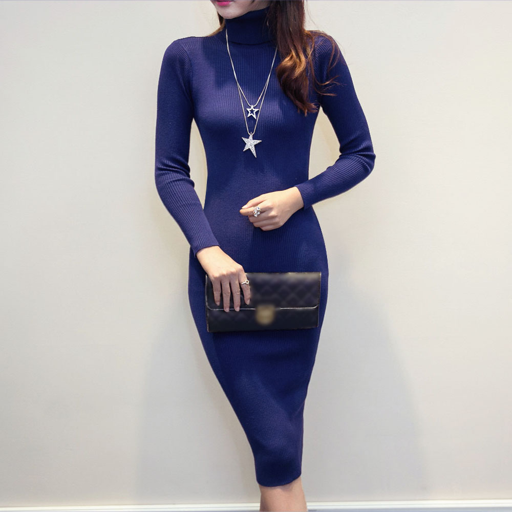 Womens Autumn Winter Sweater Dresses Slim Elastic Turtleneck polo neck Long Sleeve Sexy Bodycon Slim Robe Midi Knitted Dress