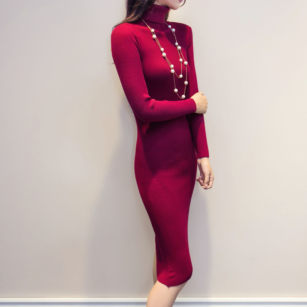 Womens Autumn Winter Sweater Dresses Slim Elastic Turtleneck polo neck Long Sleeve Sexy Bodycon Slim Robe Midi Knitted Dress