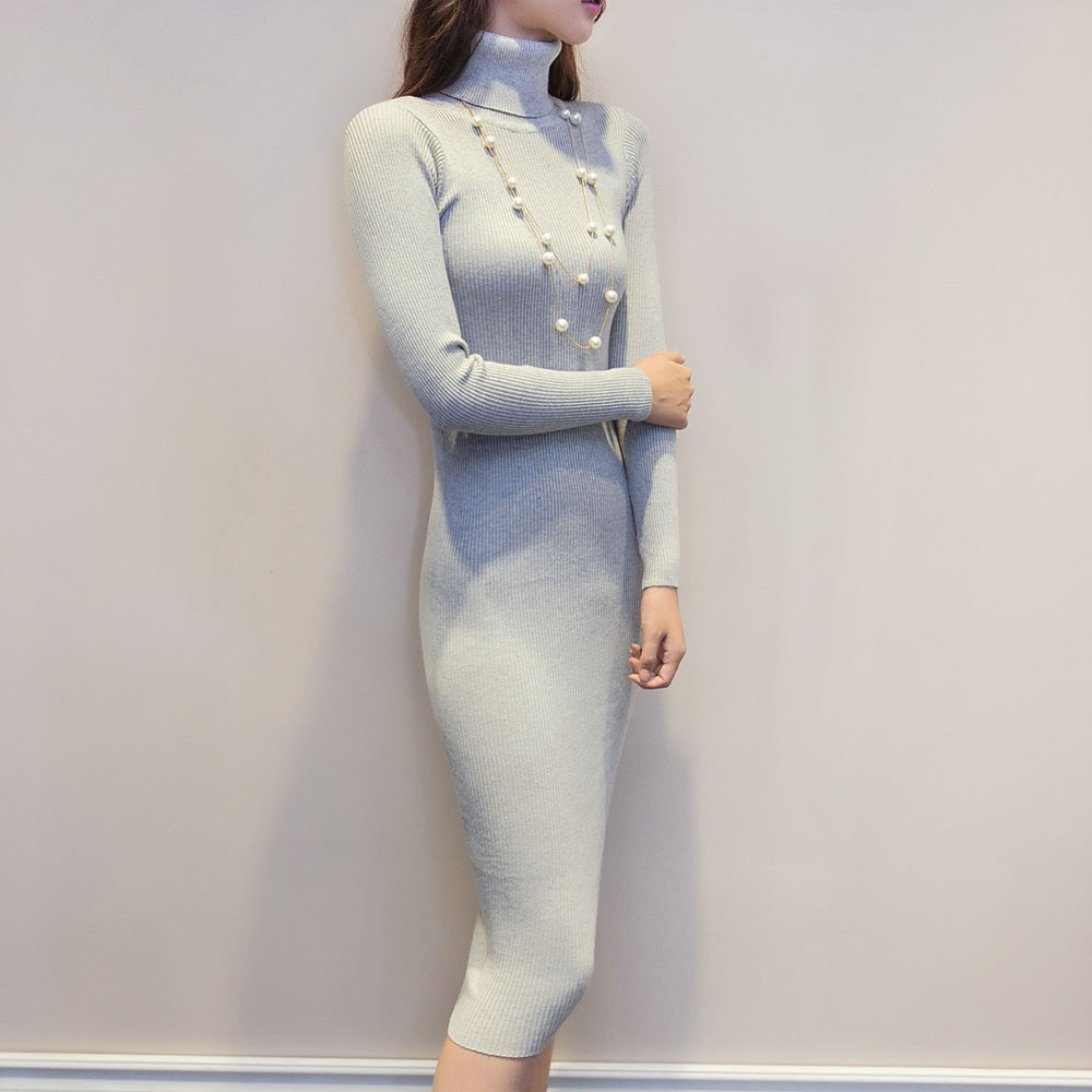 Womens Autumn Winter Sweater Dresses Slim Elastic Turtleneck polo neck Long Sleeve Sexy Bodycon Slim Robe Midi Knitted Dress