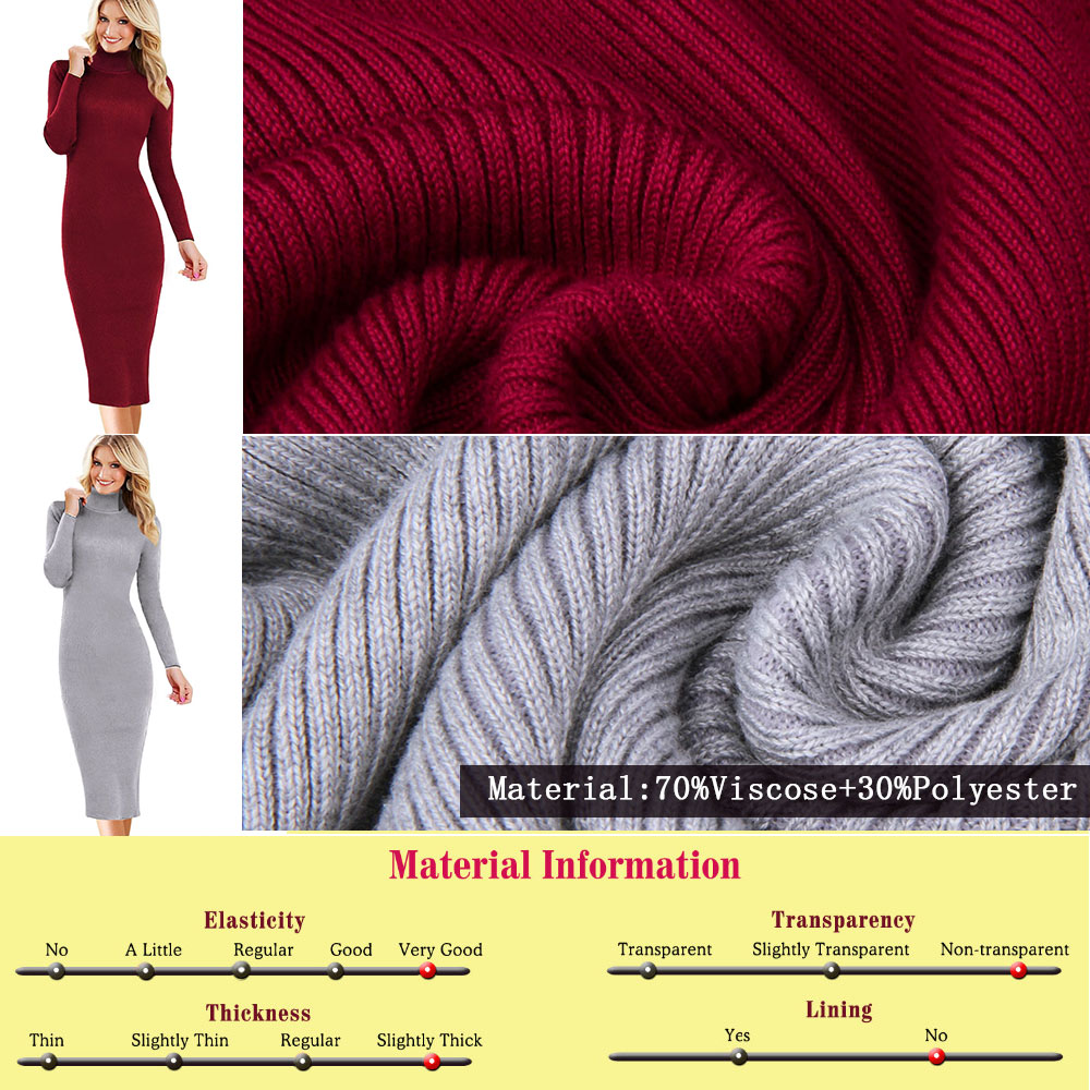 Womens Autumn Winter Sweater Dresses Slim Elastic Turtleneck polo neck Long Sleeve Sexy Bodycon Slim Robe Midi Knitted Dress