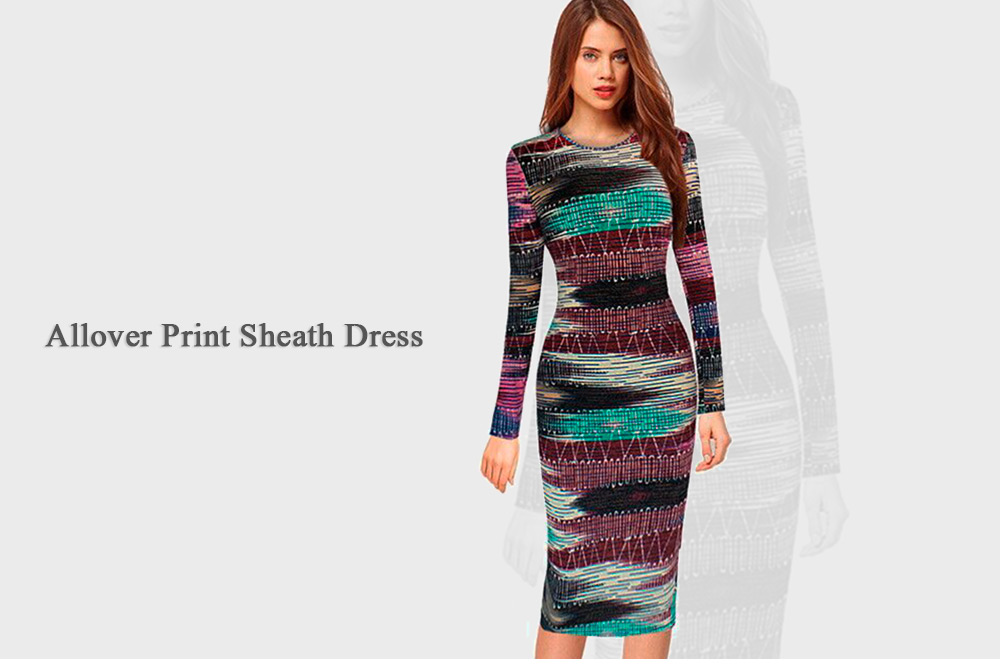Long Sleeve Print Sheath Midi Dress