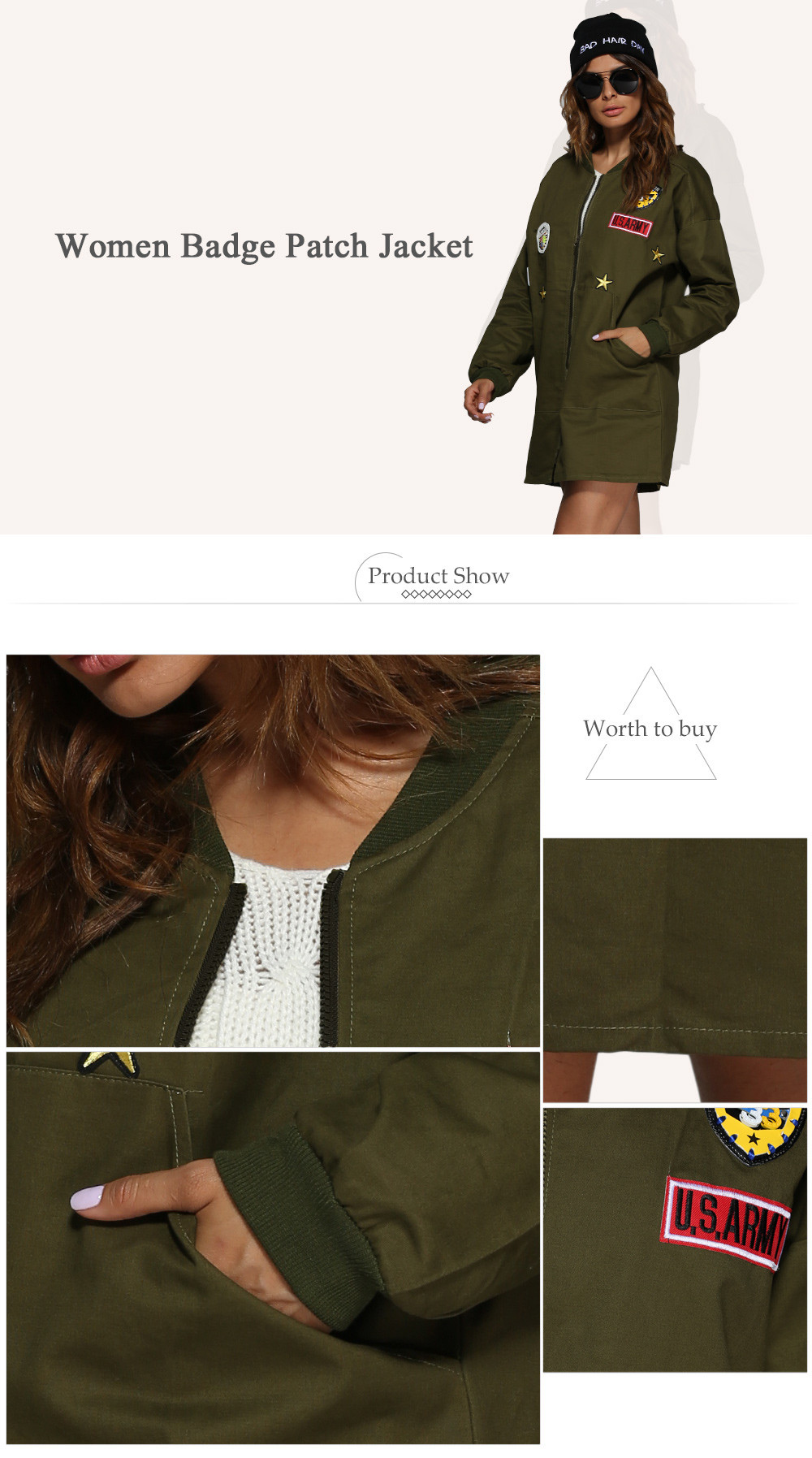 Trendy Stand Collar Badge Patch Women Coat Trendy Stand Collar Badge Patch Women Coat