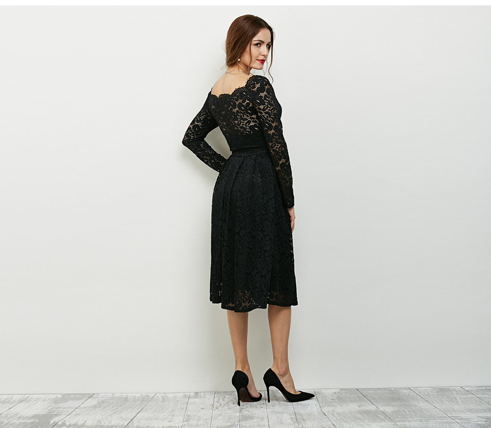 Elegant Long Sleeve Slash Neck Hollow Out Lace Dress for Women
