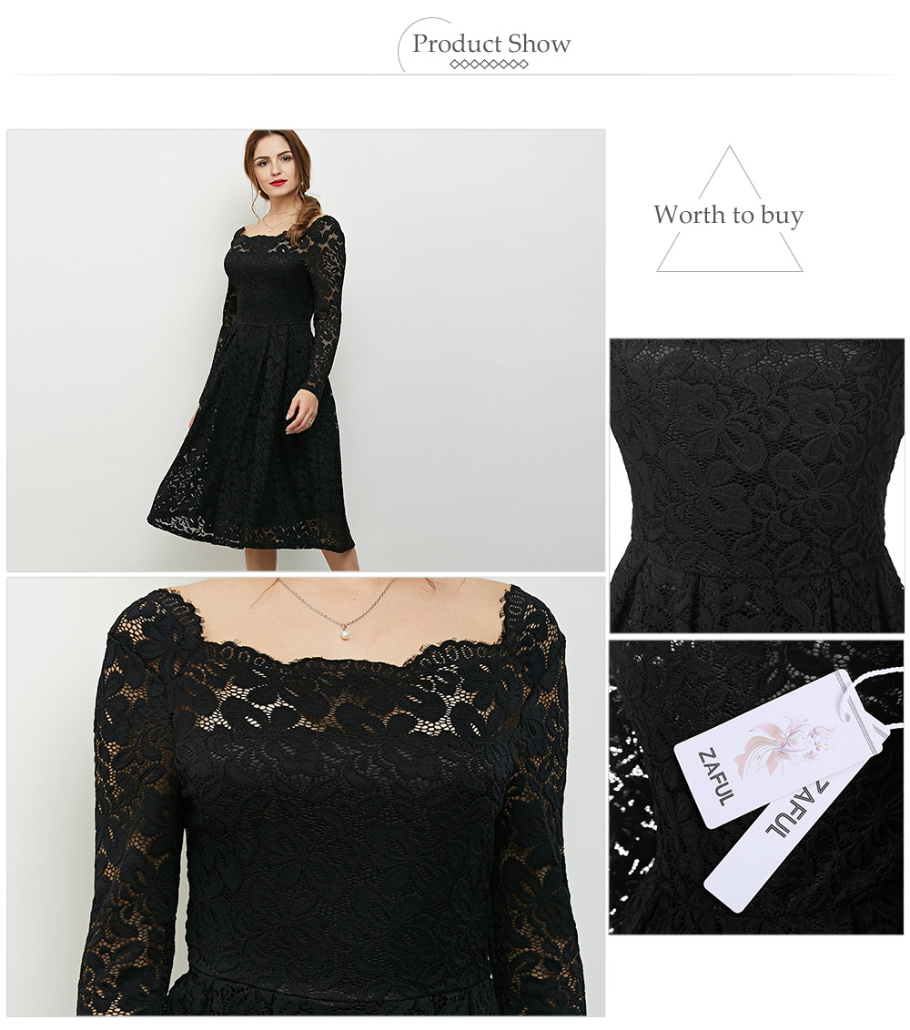 Elegant Long Sleeve Slash Neck Hollow Out Lace Dress for Women