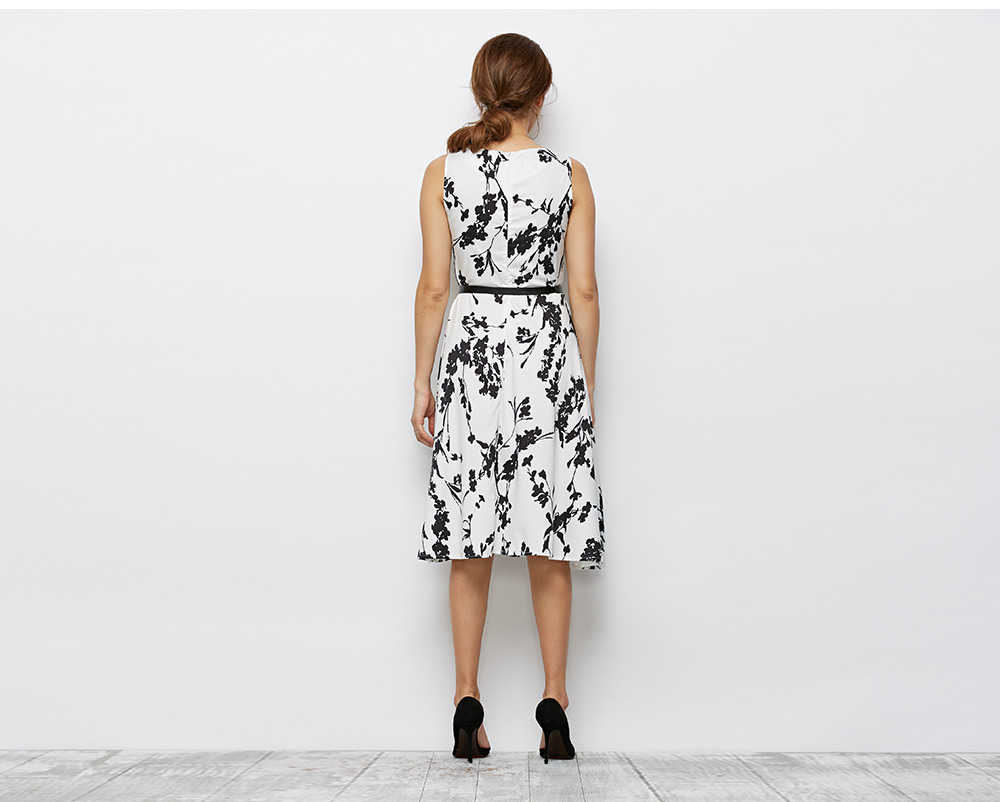 Belted Printed Sleeveless Fit and Flare Dress