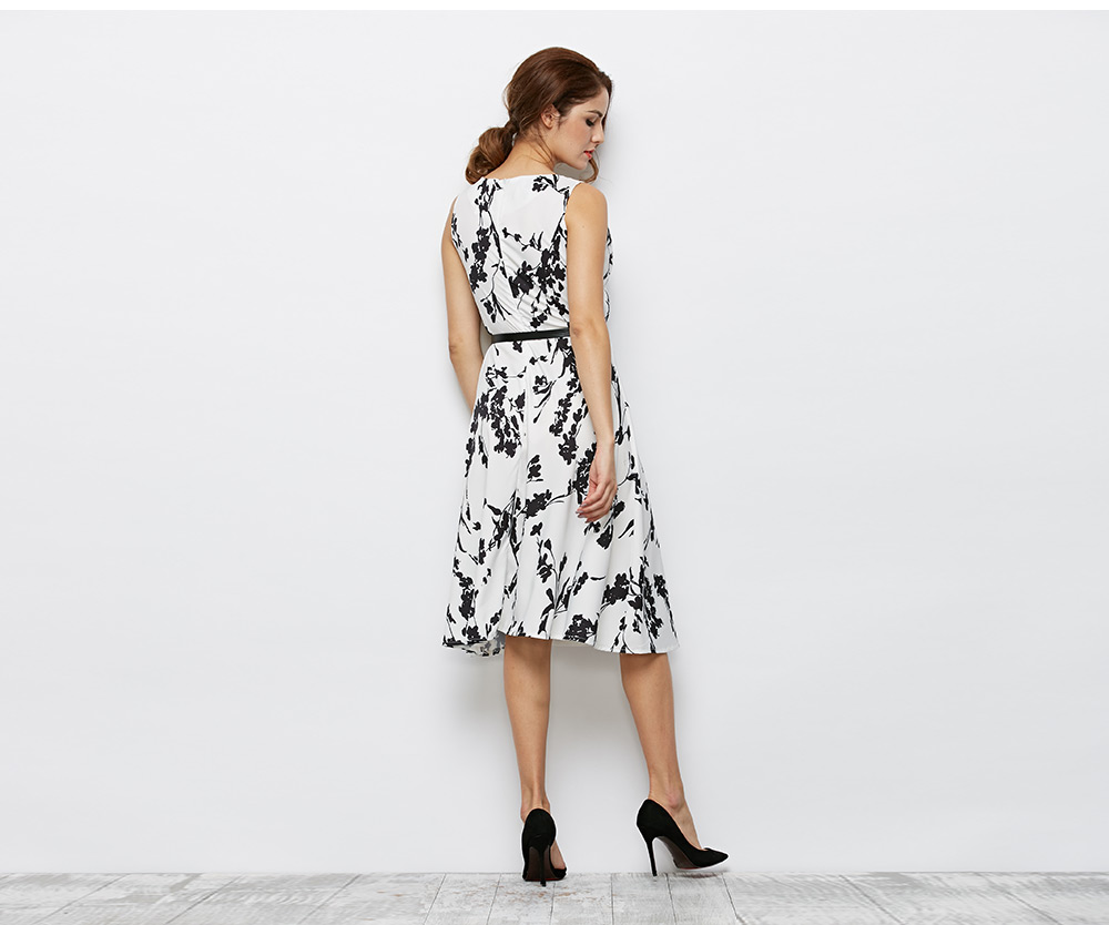 Belted Printed Sleeveless Fit and Flare Dress