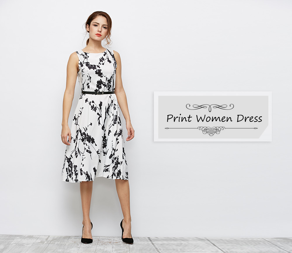 Belted Printed Sleeveless Fit and Flare Dress