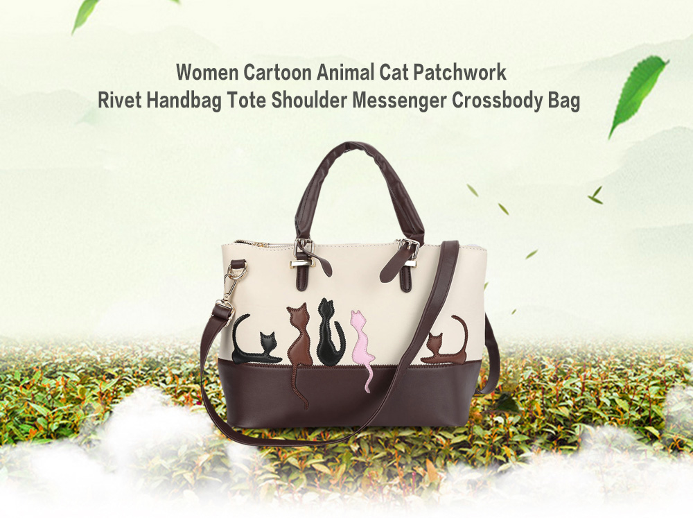 Guapabien Women Cartoon Animal Cat Patchwork Rivet Handbag Tote Shoulder Messenger Crossbody Bag