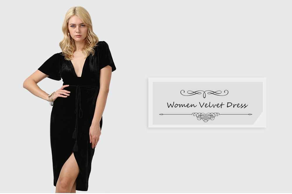 Brief Short Sleeve Plunge Neck High-low Hem Velvet Dress for Women