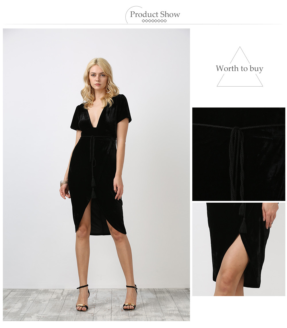 Brief Short Sleeve Plunge Neck High-low Hem Velvet Dress for Women