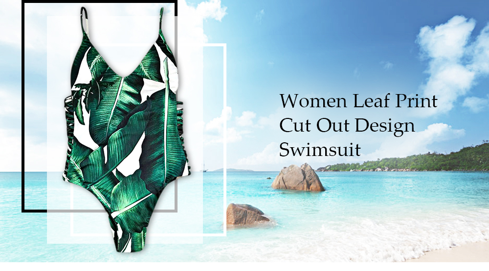 Sexy Spaghetti Strap Leaf Print Cut Out Backless Swimsuit for Women