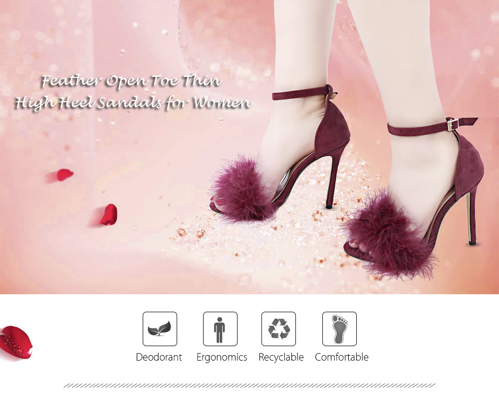 BaiBeiQi Sexy Feather Open Toe Ankle Strap Thin High Heel Sandals for Women