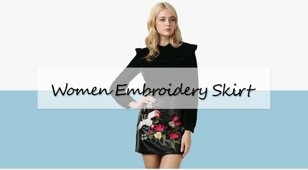 Stylish High Waist Floral Embroidery PU Zipper Skirt for Women
