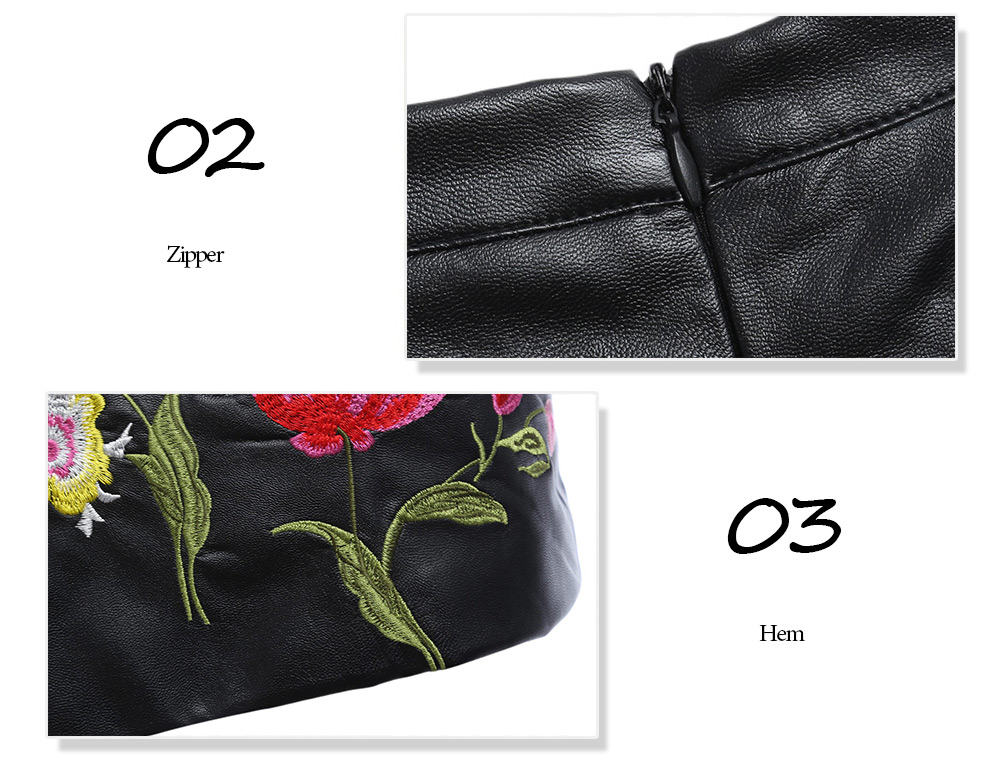Stylish High Waist Floral Embroidery PU Zipper Skirt for Women
