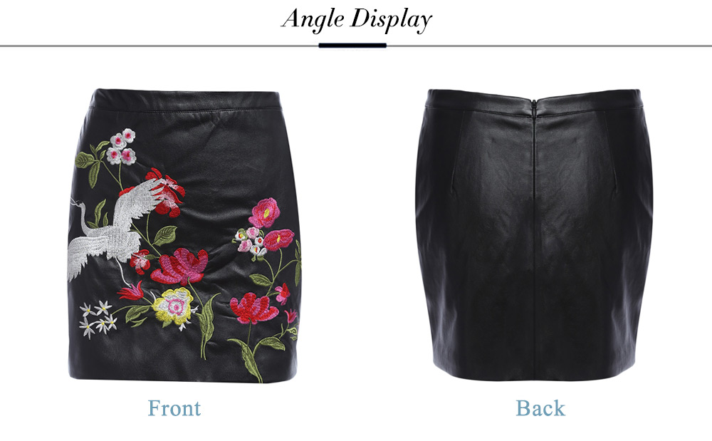 Stylish High Waist Floral Embroidery PU Zipper Skirt for Women