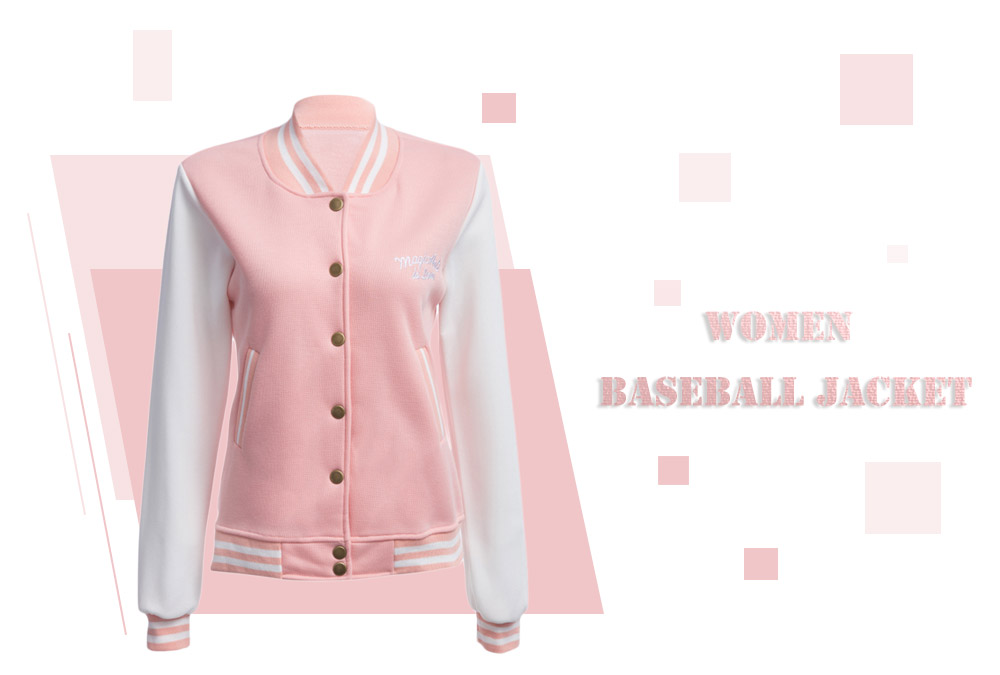 Stylish Stand Collar Long Sleeve Embroidery Pocket Button Baseball Jacket for Women