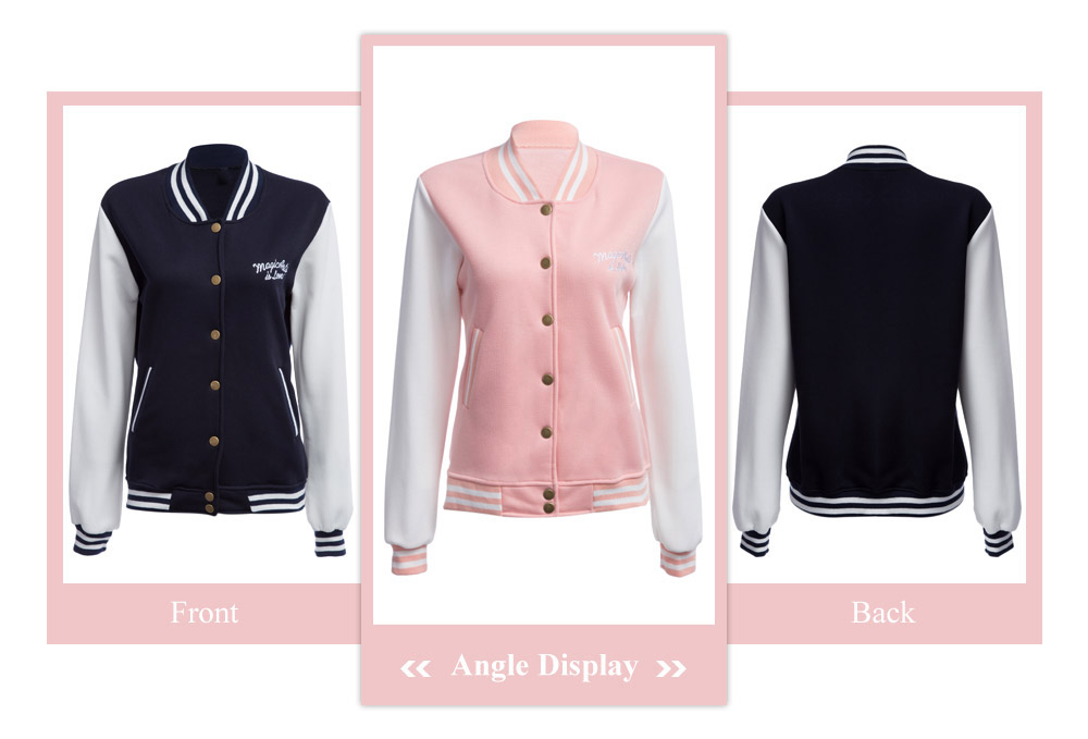 Stylish Stand Collar Long Sleeve Embroidery Pocket Button Baseball Jacket for Women