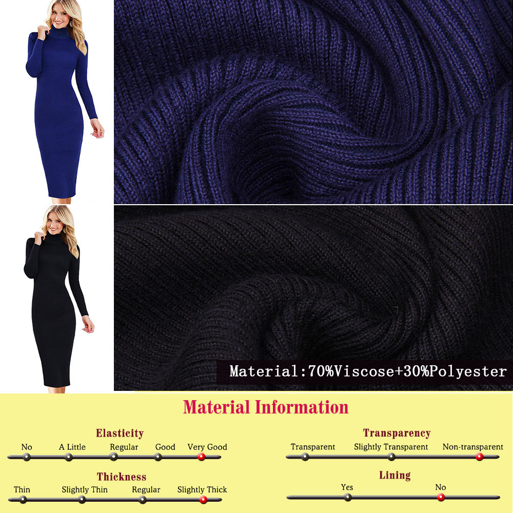 Womens Autumn Winter Sweater Dresses Slim Elastic Turtleneck polo neck Long Sleeve Sexy Bodycon Slim Robe Midi Knitted Dress