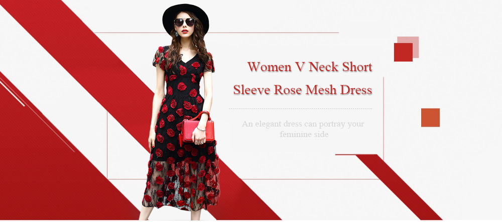 Stylish V Neck Short Sleeve Rose See-through Mesh Dress for Women
