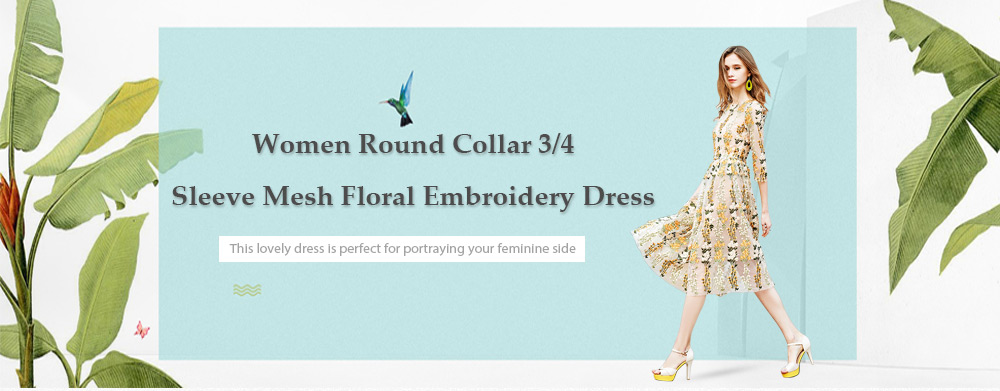 Elegant Round Collar 3/4 Sleeve Mesh Floral Embroidery Dress for Women