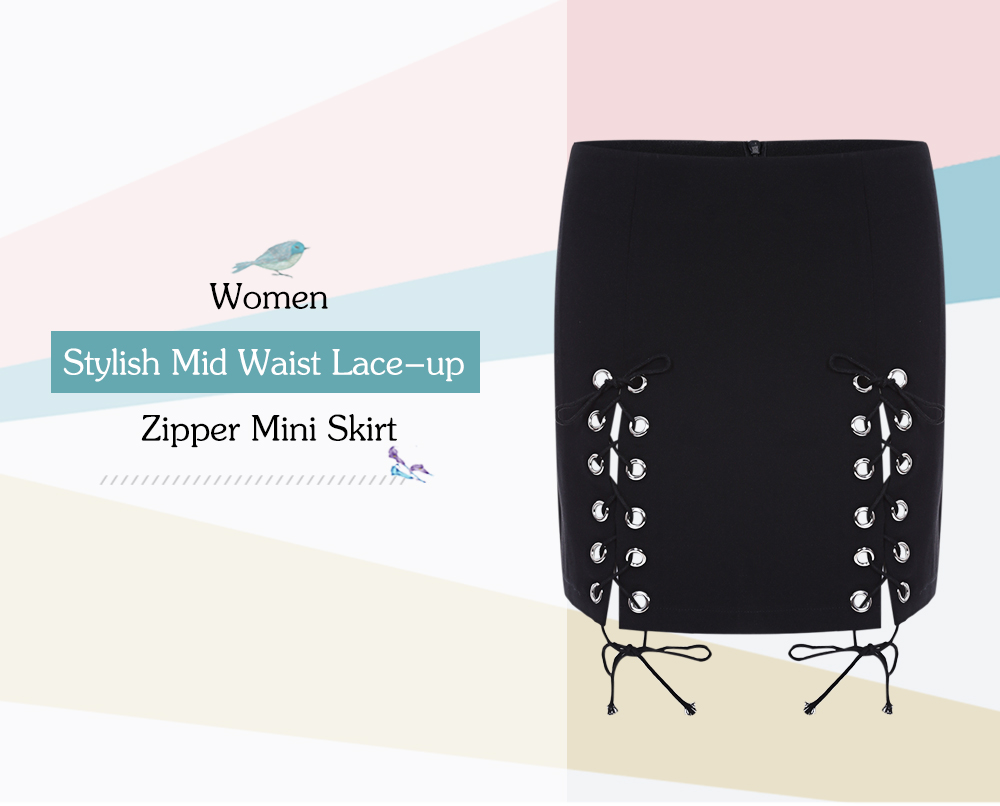 Stylish Mid Waist Lace-up Zipper Mini Skirt for Women