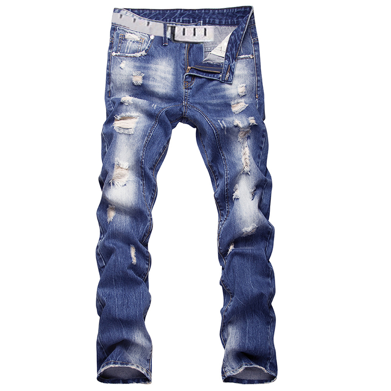 Denim Handsome Straight Distressed Jeans In Wash Blue Casual Pants for Men