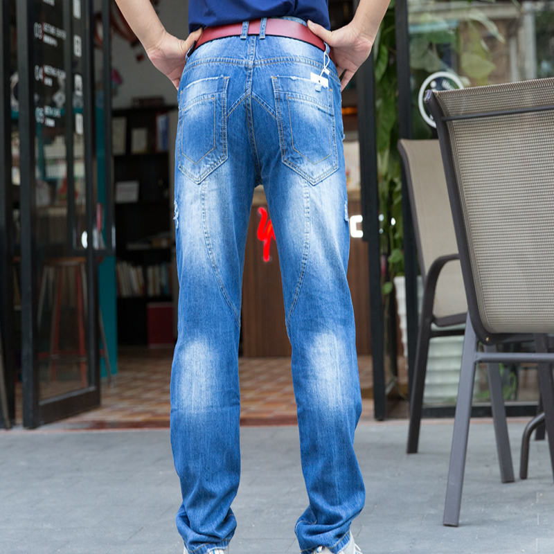 Denim Handsome Straight Distressed Jeans In Wash Blue Casual Pants for Men