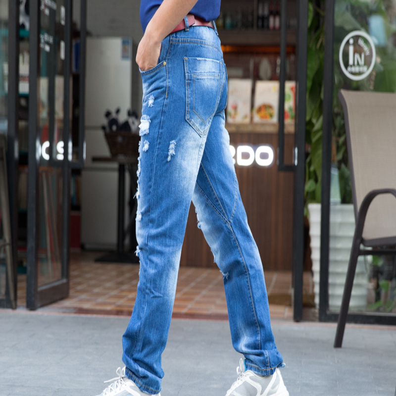 Denim Handsome Straight Distressed Jeans In Wash Blue Casual Pants for Men