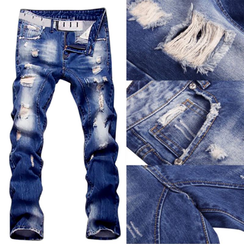 Denim Handsome Straight Distressed Jeans In Wash Blue Casual Pants for Men