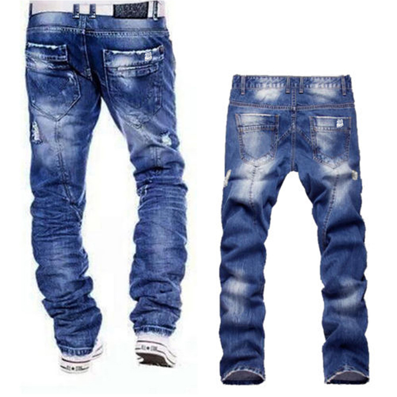 Denim Handsome Straight Distressed Jeans In Wash Blue Casual Pants for Men