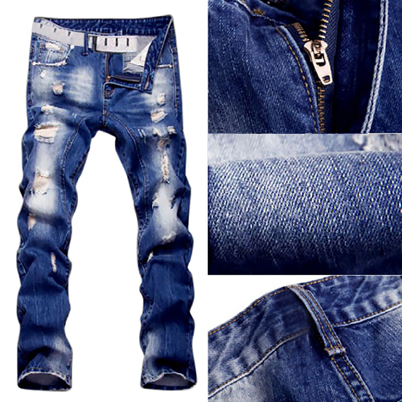 Denim Handsome Straight Distressed Jeans In Wash Blue Casual Pants for Men