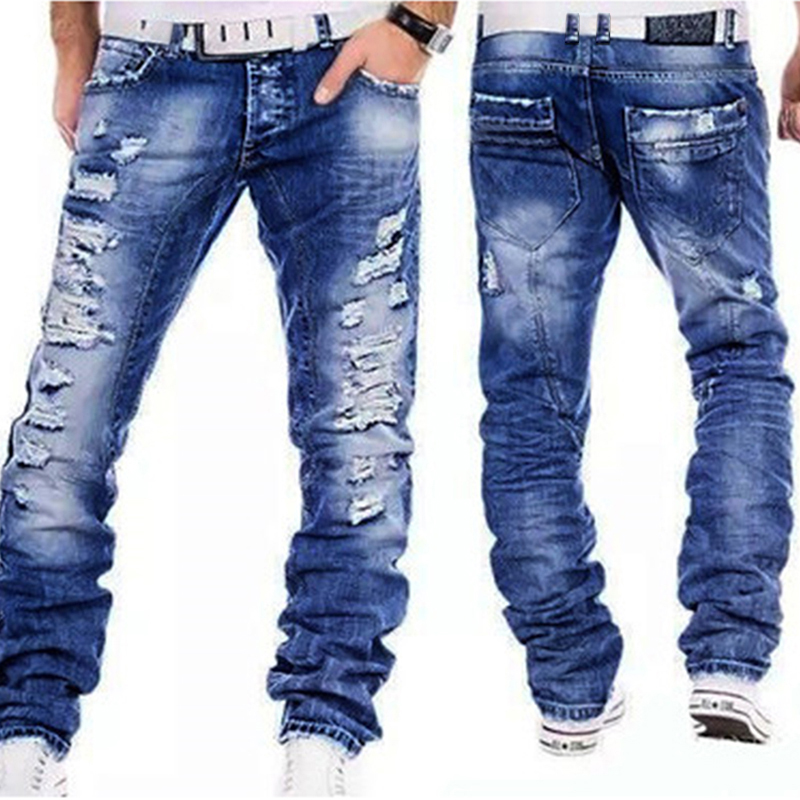 Denim Handsome Straight Distressed Jeans In Wash Blue Casual Pants for Men