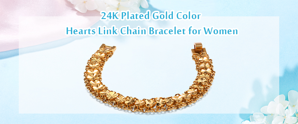 Stylish 24K Plated Gold Color Hearts Link Chain Bracelet for Women